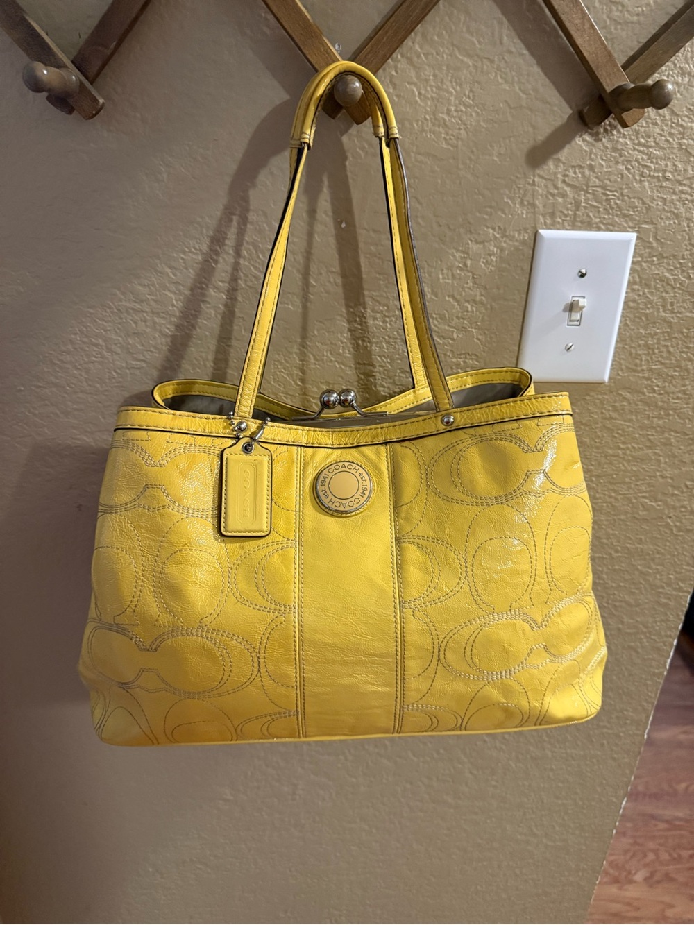 Coach Yellow Leather Signature Tote with Embossed Logo Circles
